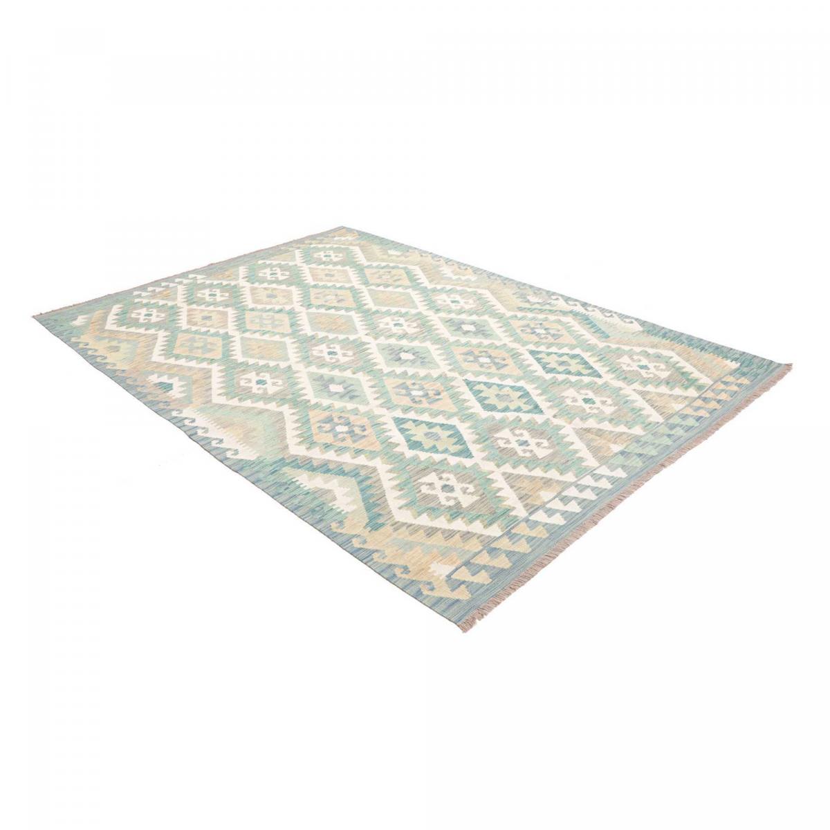 Tapis kilim, motif géométrique authentique, tissé à plat, KILIM 62 bleu, beige, crème, UN AMOUR DE TAPIS