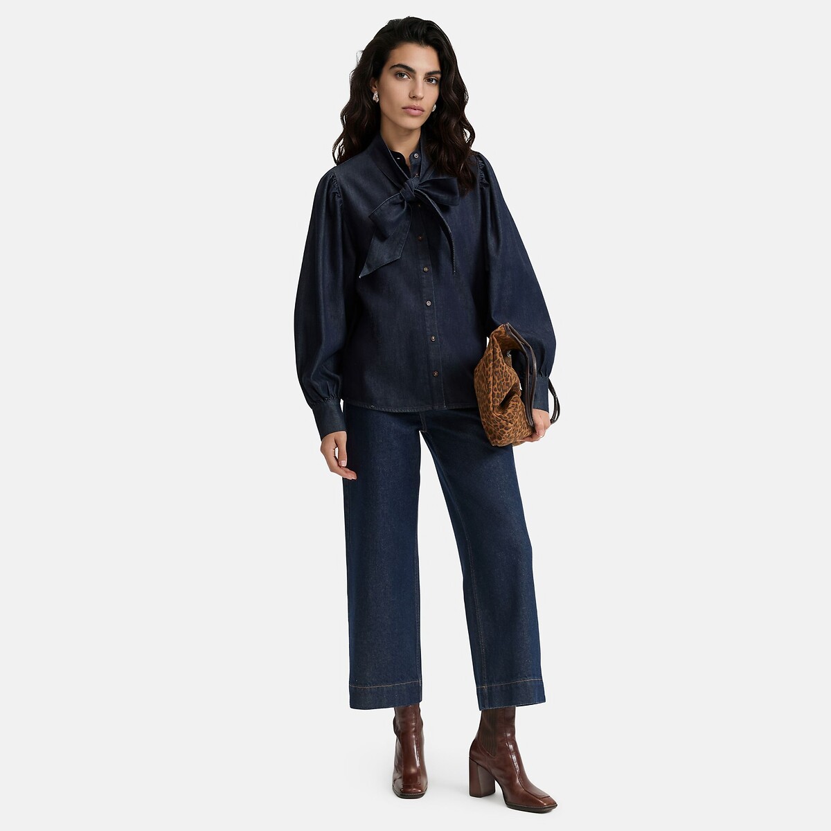 Chemise en denim, col mao, lavallière amovible bleu brut, LA REDOUTE COLLECTIONS