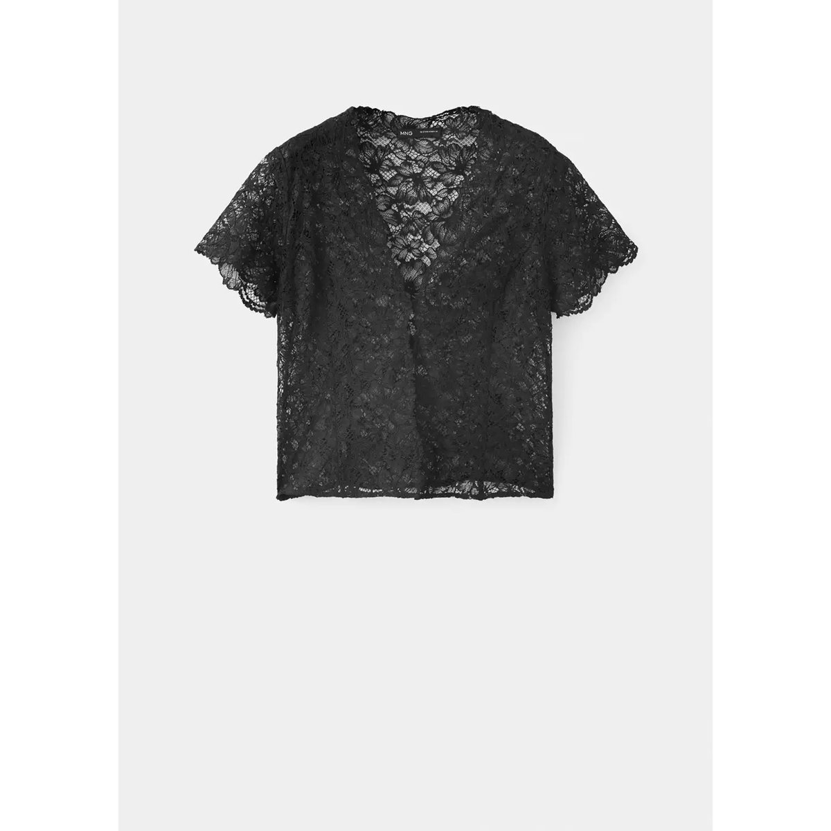 Blouse en dentelle à manches courtes noir, MANGO
