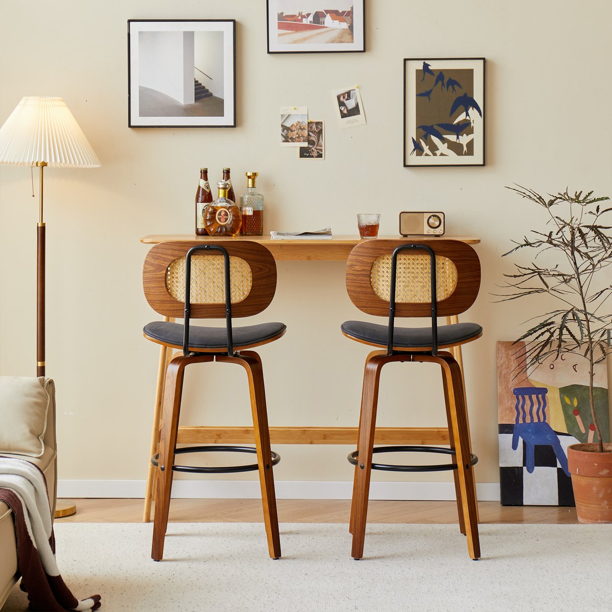 Lot de 2 tabourets de bar, bois et cannage, ALESUND noir, NORDLYS