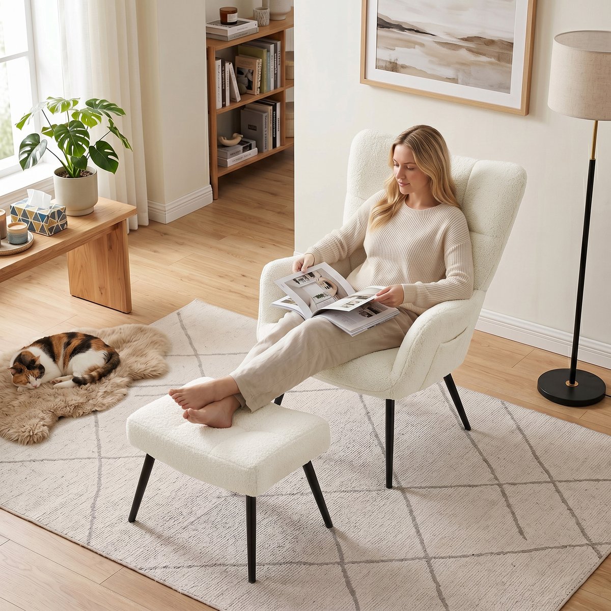 Fauteuil d'appoint avec repose-pieds Peluche beige, HOMCOM