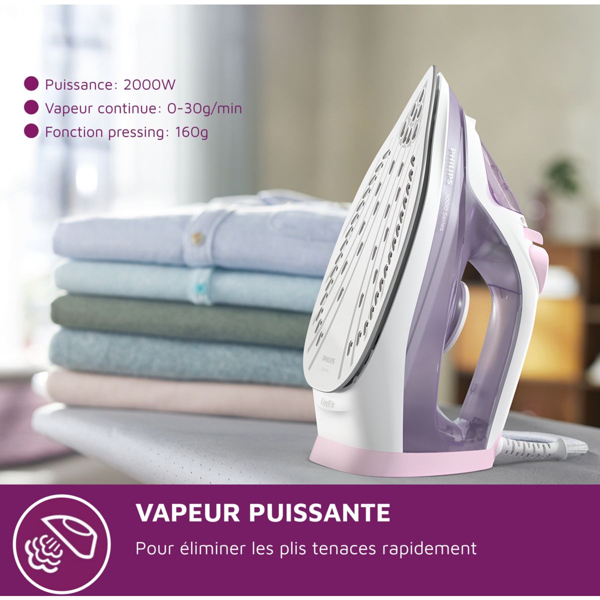Fer à repasser DST3010/30 fer à vapeur Série 3000 mauve et blanc, 2000W rose, PHILIPS