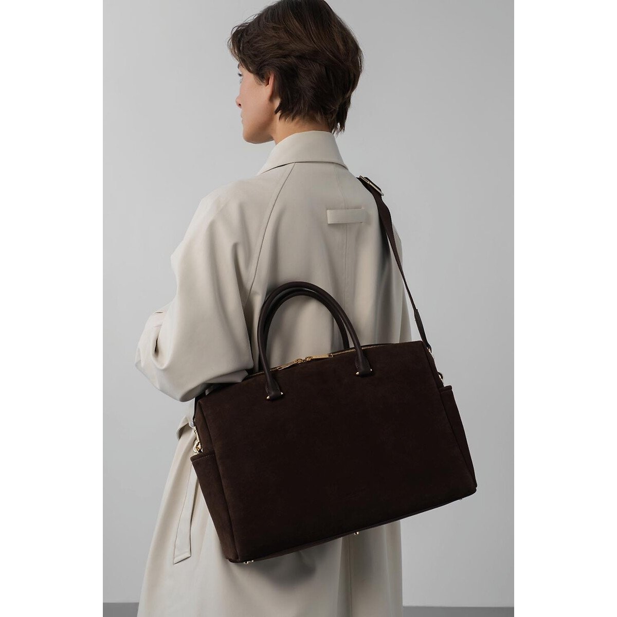 Borsa weekend in pelle scamosciata marrone, LANCASTER
