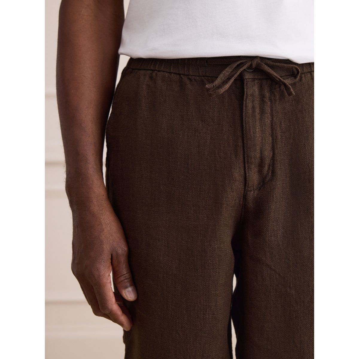 Pantalon lin à taille élastique signature marron, NEXT