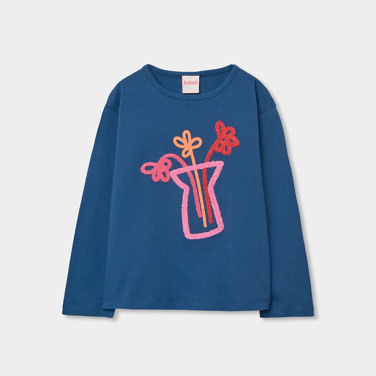 T-shirt fille mancs longues coton bleu, BOBOLI