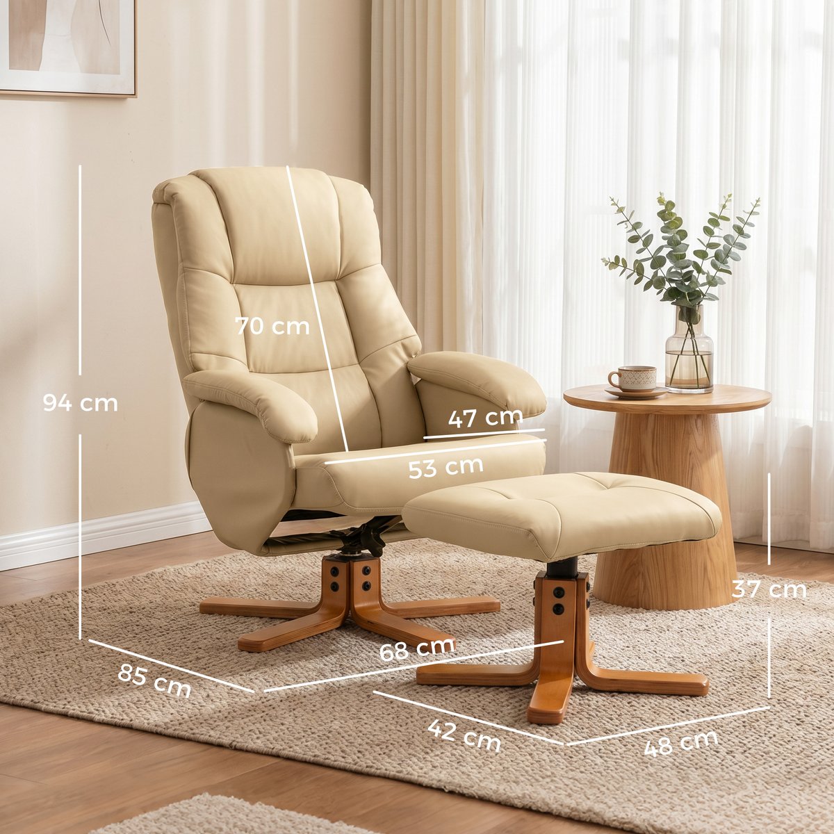Fauteuil inclinable avec repose-pieds beige, bois clair, HOMCOM