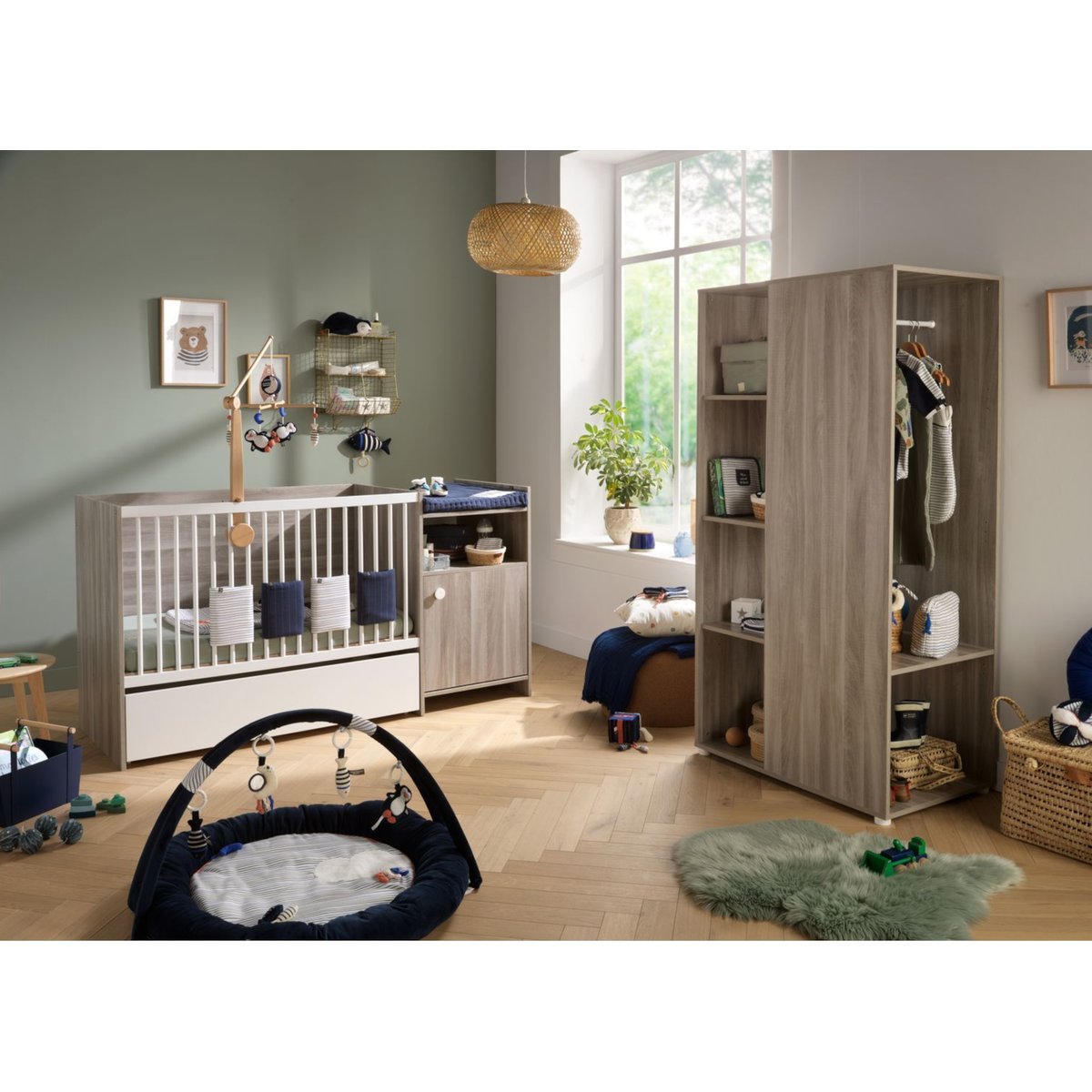 Lit combiné évolutif en décor bois avec commode à langer 1 porte gris, BABY PRICE