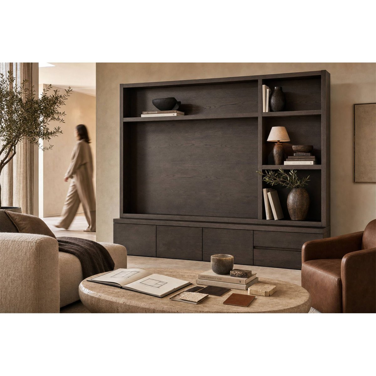 Meuble tv en bois 3 portes 2 tiroirs marron, RECOLLECTION