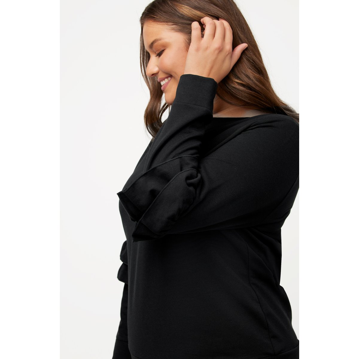 Sweat-shirt, ruché, col en V, manches longues noir, ULLA POPKEN
