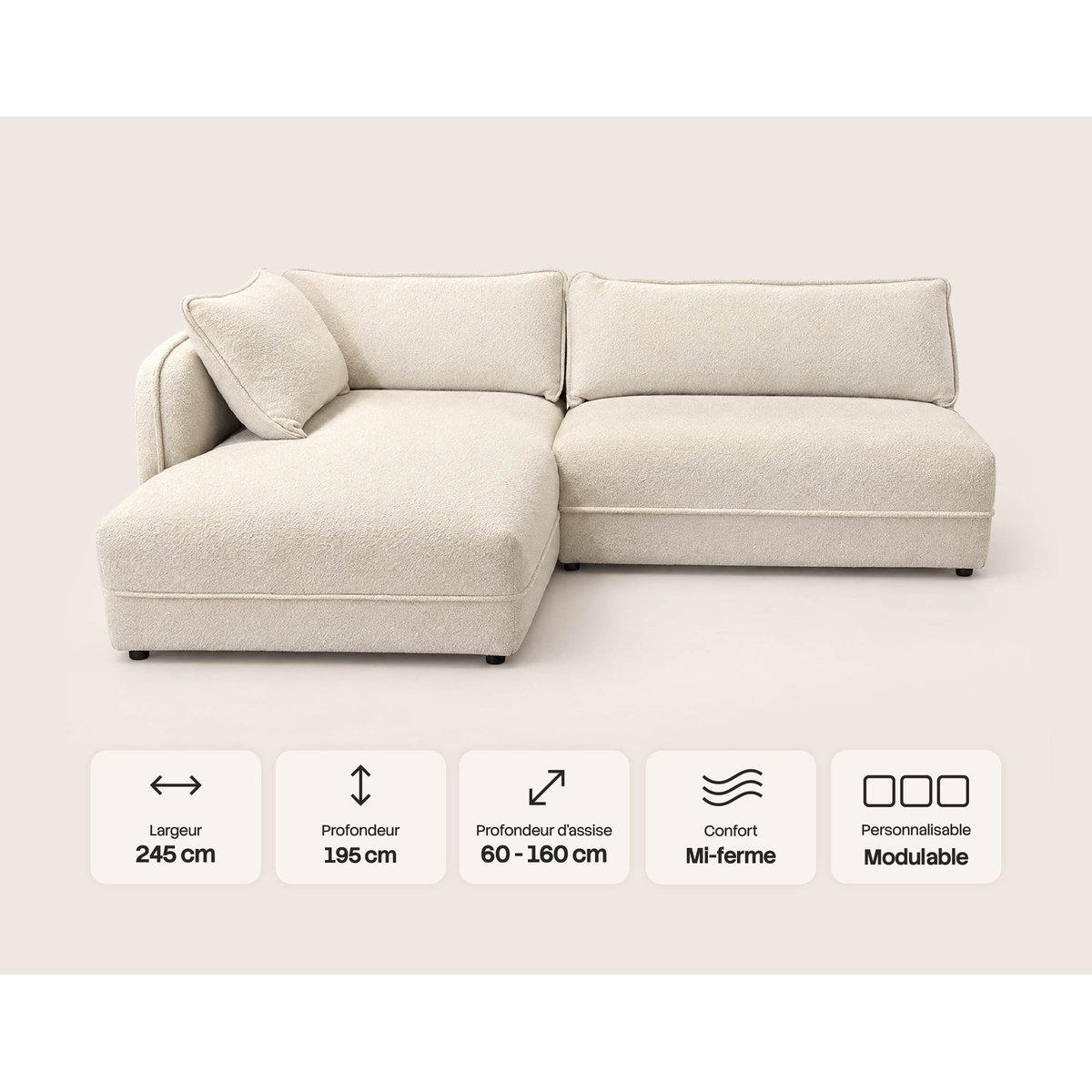 Canapé d'angle gauche 5 places en tissu bouclette, LUCIEN gris, BEST MOBILIER