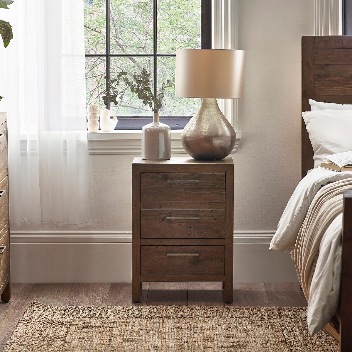 Ember Reclaimed Wood 3 Drawer Bedside rustic dark wood, SO'HOME