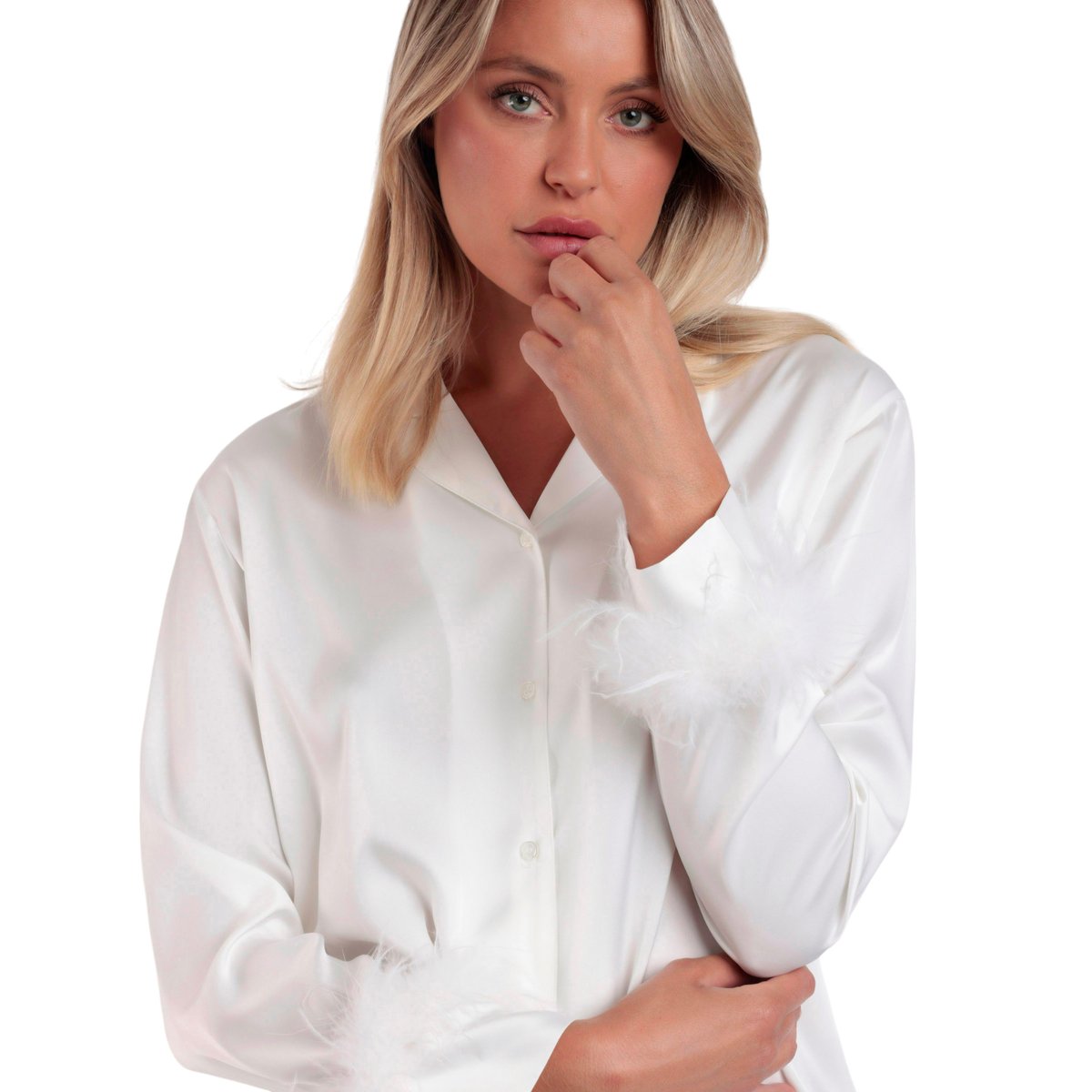 Pyjama satin chemise et pantalon plumes amovibles Plumas Marabu Luxe blanc, ADMAS