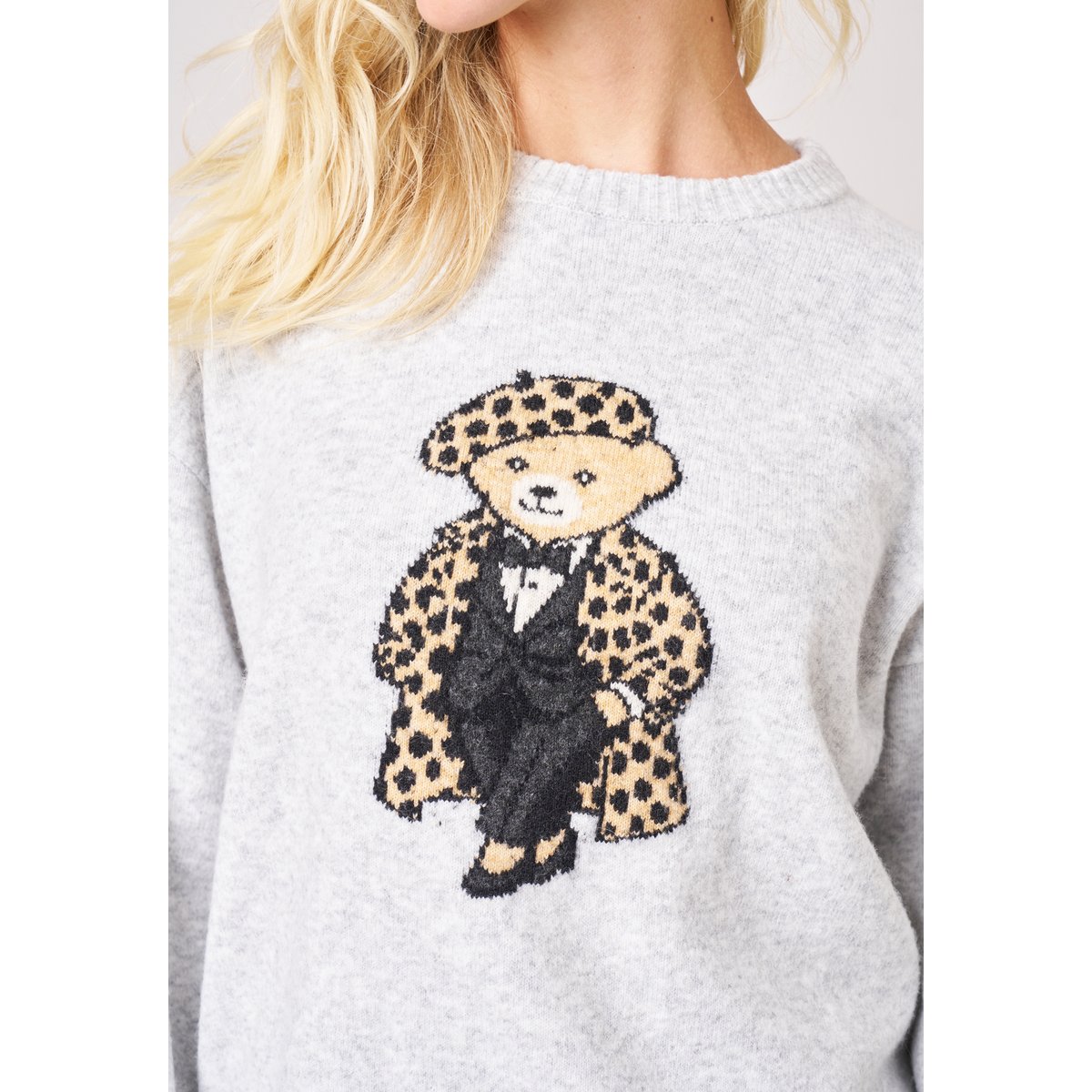 Pull femme maille douce motif ourson SWEATBEAR light grey mel, DEELUXE