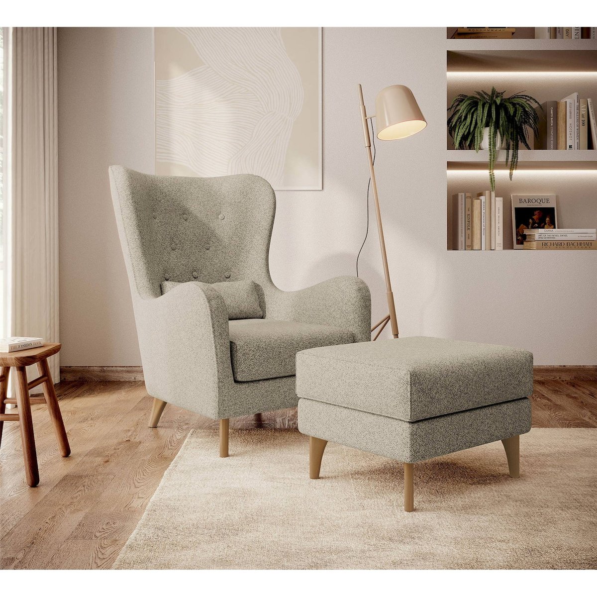 Fauteuil bergère capitonné en velours bleu marine, RECOLLECTION