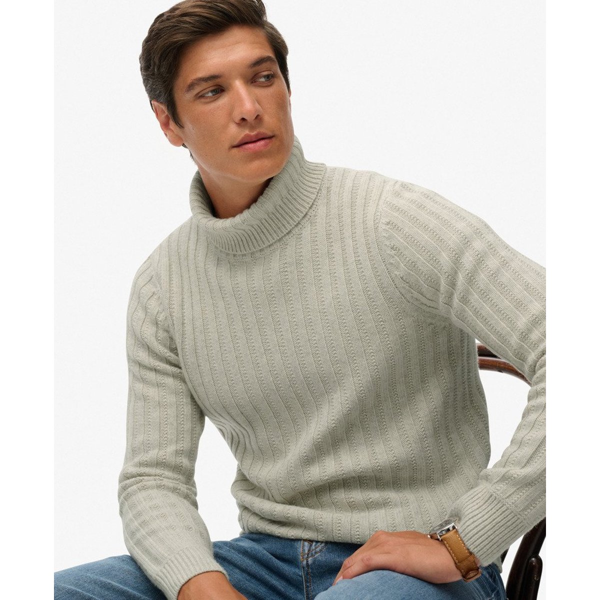 Pull à Col Roulé Côtelé The Merchant Store beige avoine, SUPERDRY