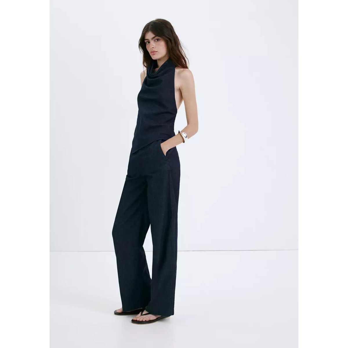 Pantalon en denim taille haute bleu, MANGO