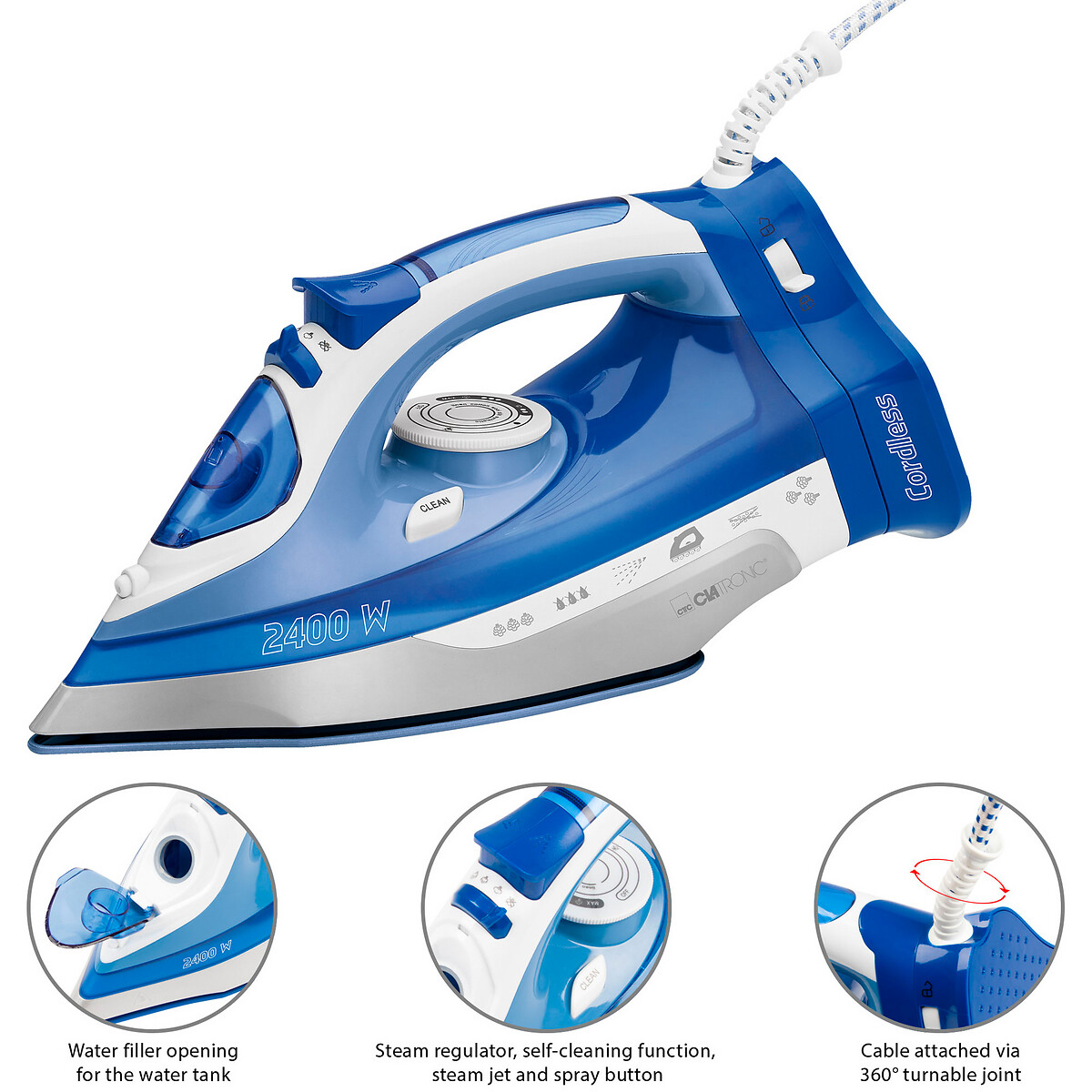 Ferro a vapor sem fios 2400 W, da Clatronic branco/azul, CLATRONIC