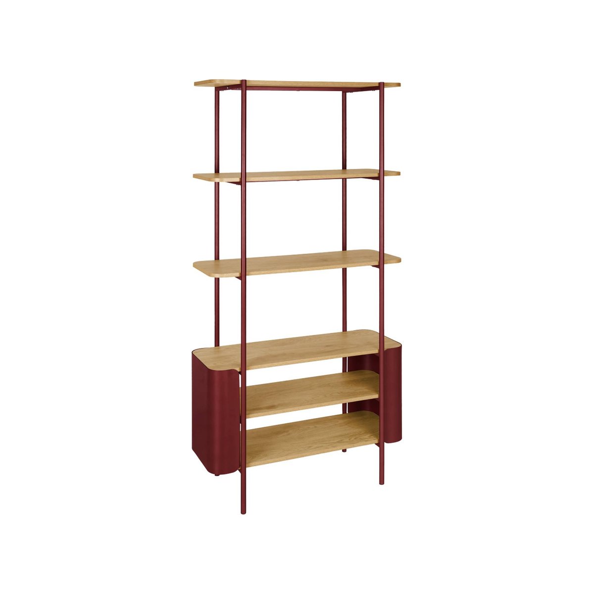 Etagère bibliothèque métal courbé et décor bois 6 niveaux MOLTO rouge, SWEEEK
