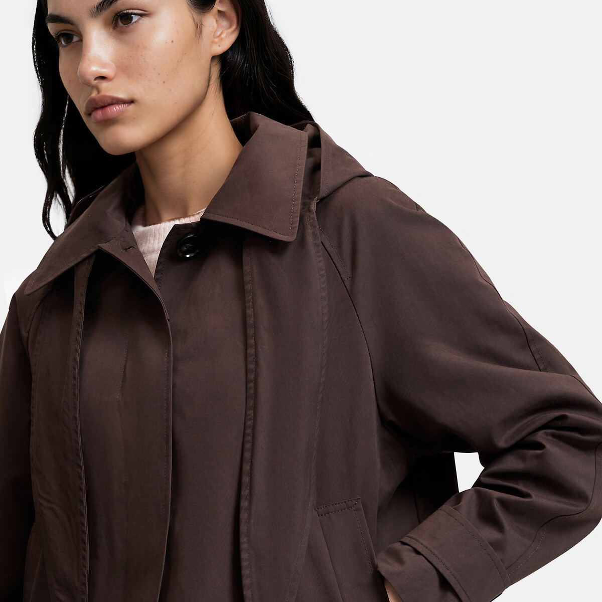 Trench corto con capucha y pañuelo desmontable chocolate, LA REDOUTE COLLECTIONS