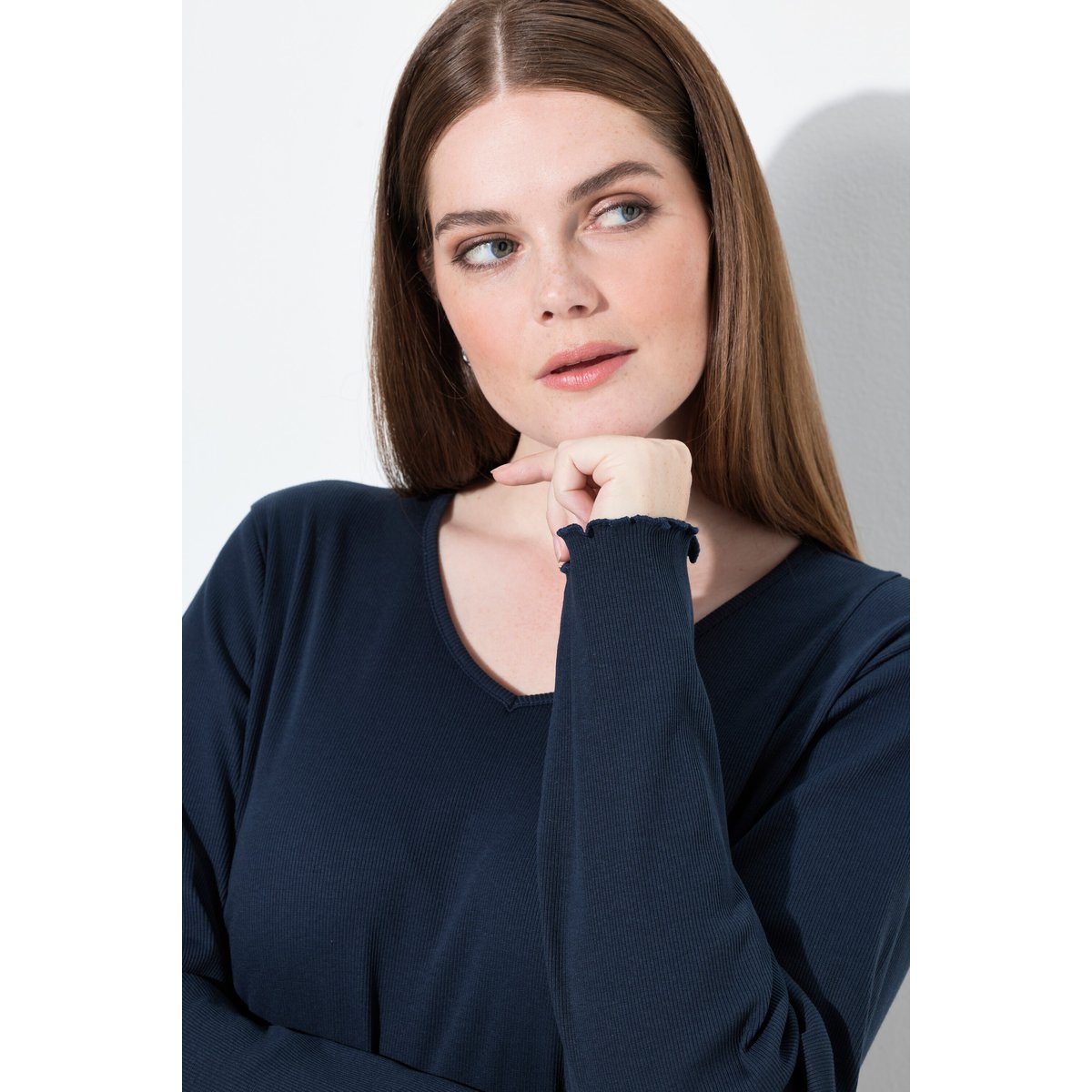 T-shirt en jersey côtelé de coton bio marine, ULLA POPKEN