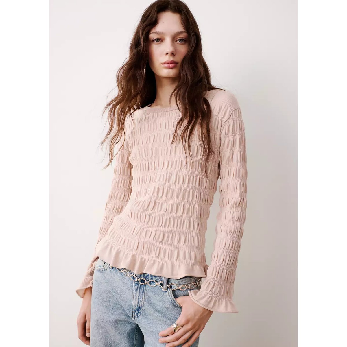 Pull en maille fine froncé rose pastel, MANGO TEEN