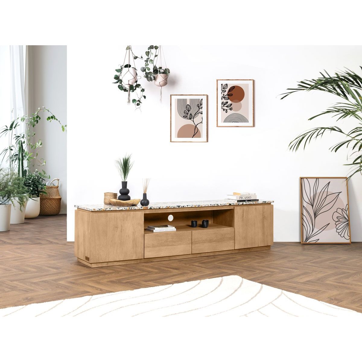 Meuble TV 200 cm bois massif, BARBARA marron clair, BOBOCHIC