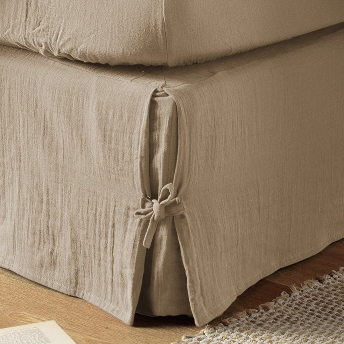 Cache sommier, en 100 % Gaze de coton, avec volant 30 cm ficelle, EDEN