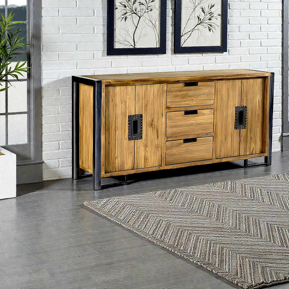 Buffet enfilade bois teck et métal 4 portes 3 tiroirs 186cm CANADA bois naturel, PIER IMPORT
