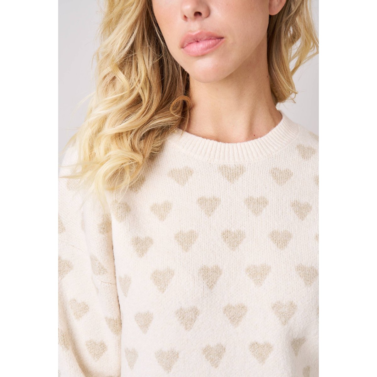 Pull femme motif cœurs en maille douce CLEMY crème, DEELUXE