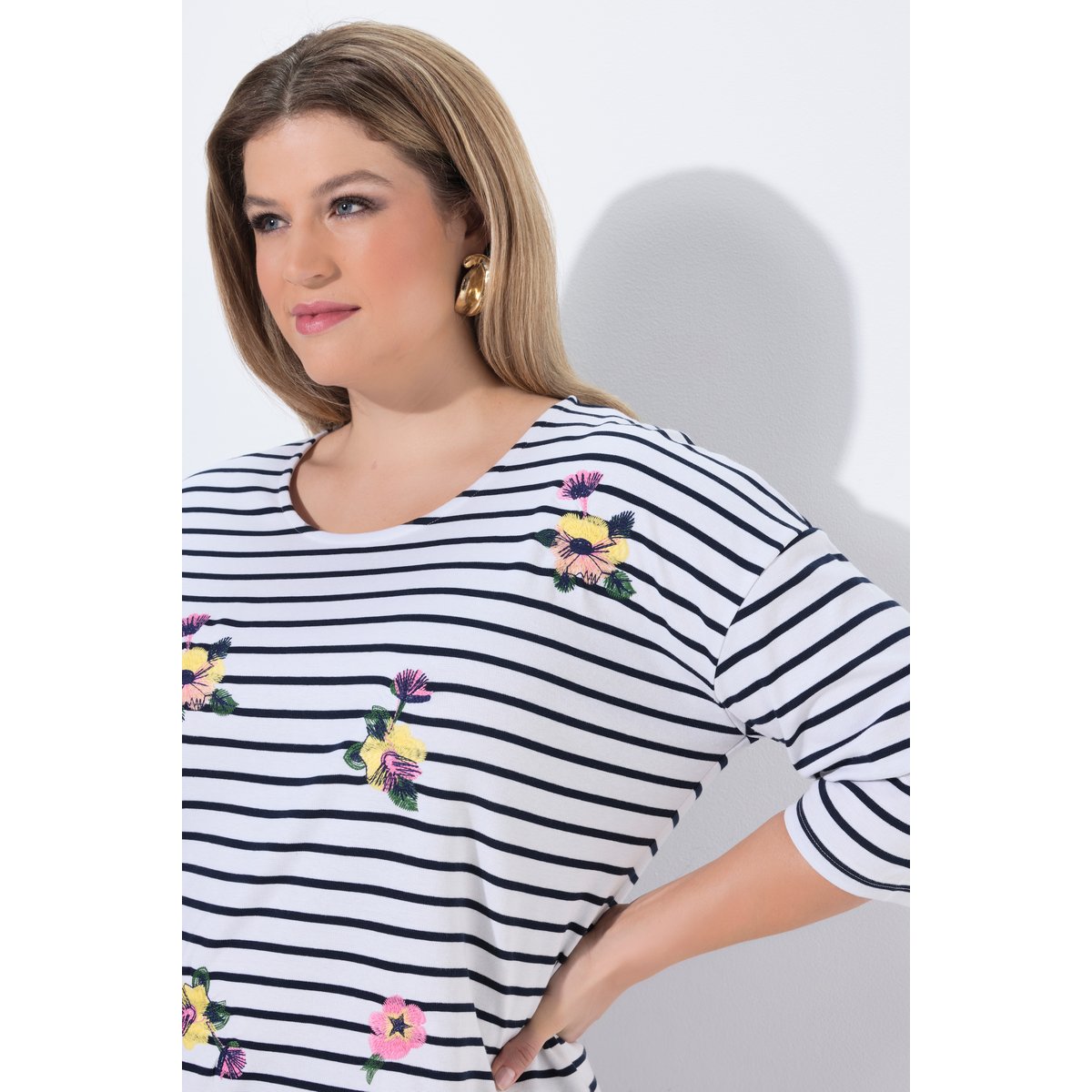 T-shirt oversize à rayures, broderies blanc neige, ULLA POPKEN