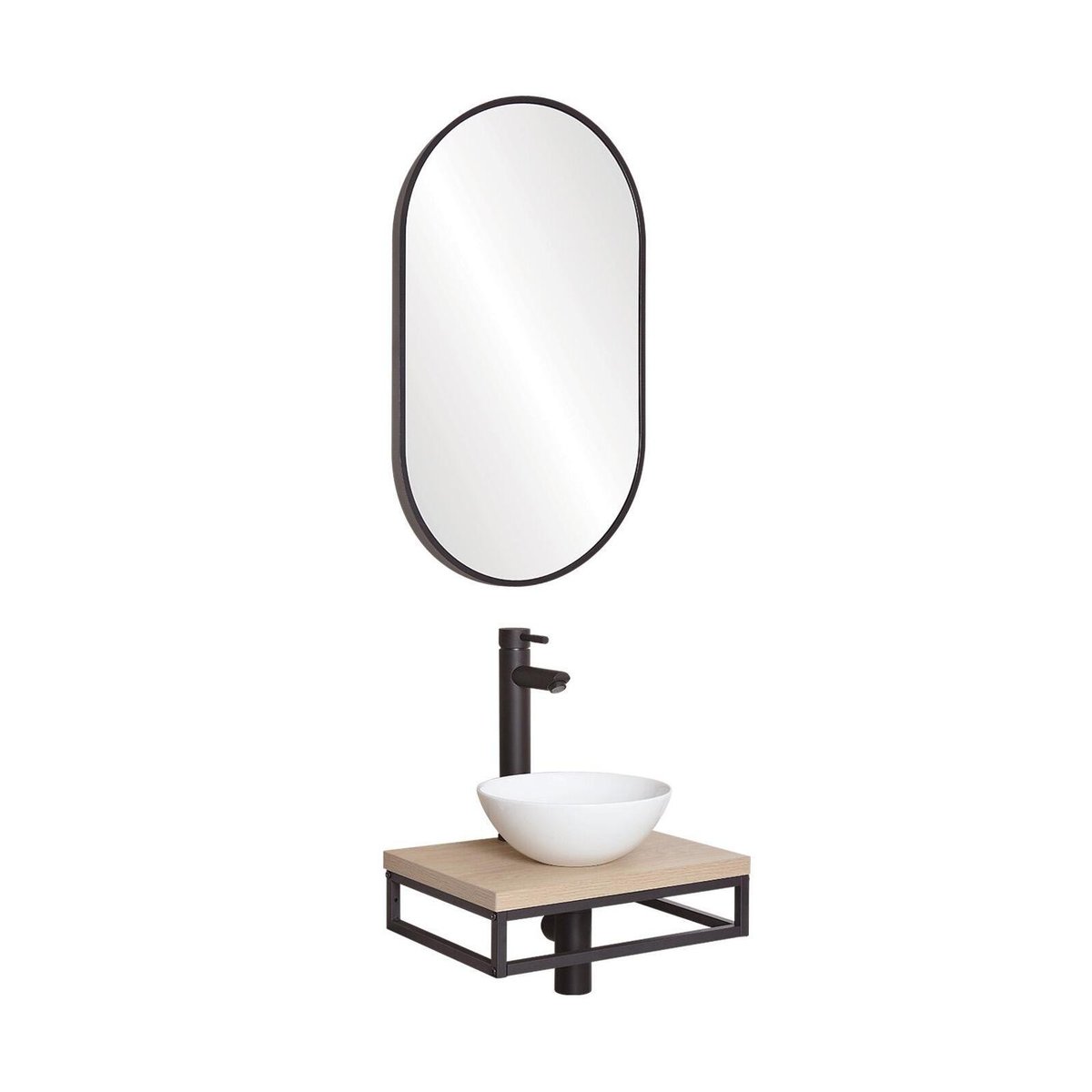 Lave-mains fin +vasque+robinet+miroir SOHO décor chêne, MOB IN
