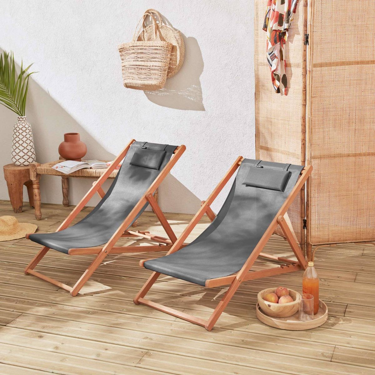 Chilienne bois d'eucalyptus pliante multi positions (lot de 2) CREUS anthracite, SWEEEK