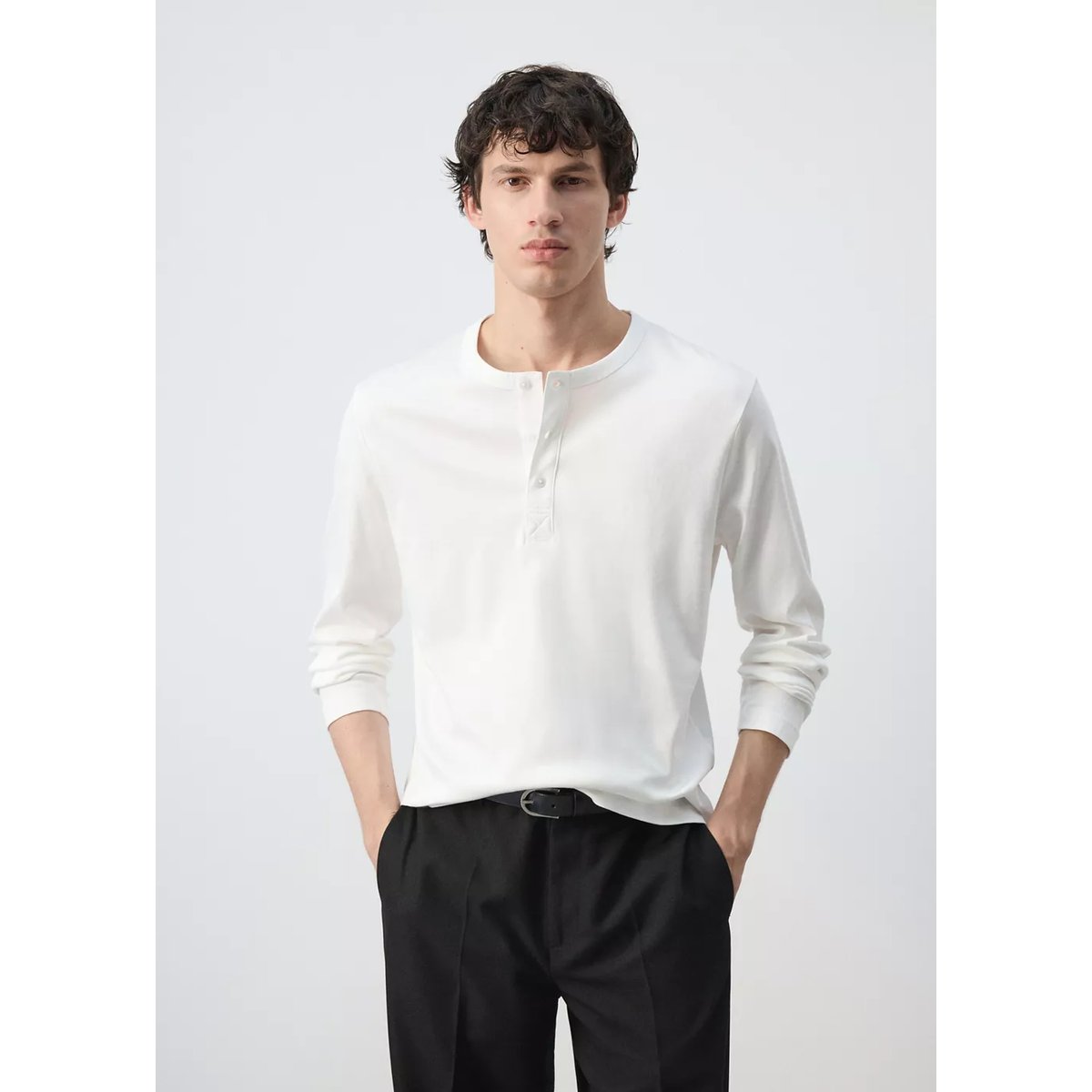 T-shirt 100 % coton col boulanger blanc, MANGO MAN