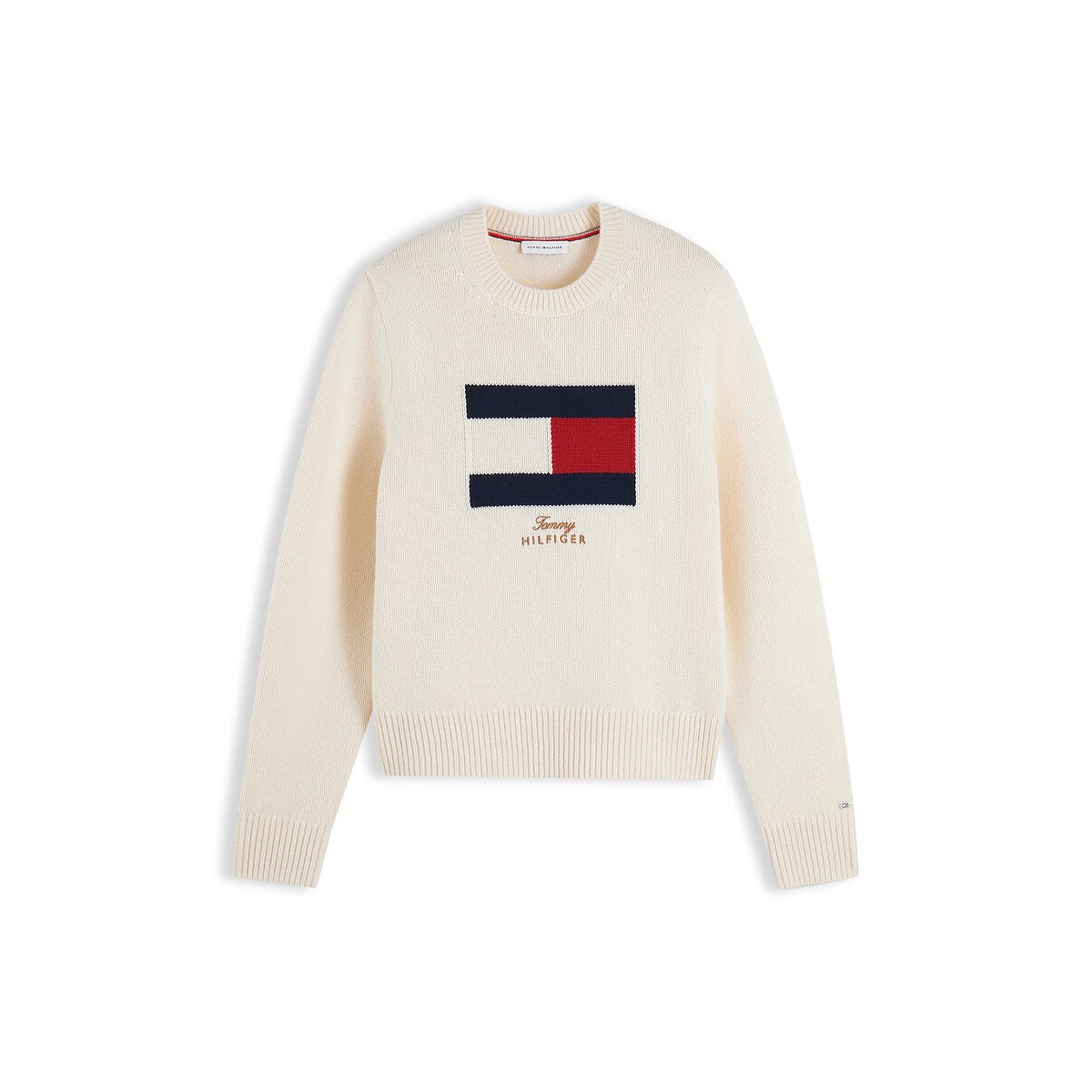 Pull col rond avec logo, 90% laine 10% cachemire  ivoire, TOMMY HILFIGER