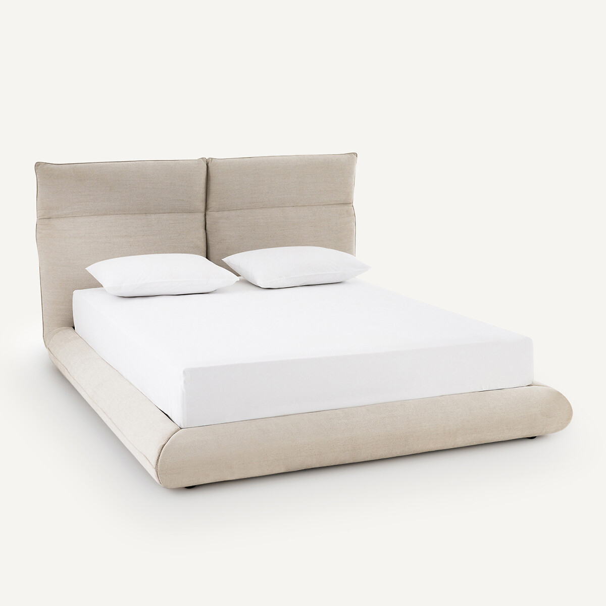 Lit double avec sommier assemblé et têtes ajustables, en tissu tweedé, PAOL ficelle, AM.PM
