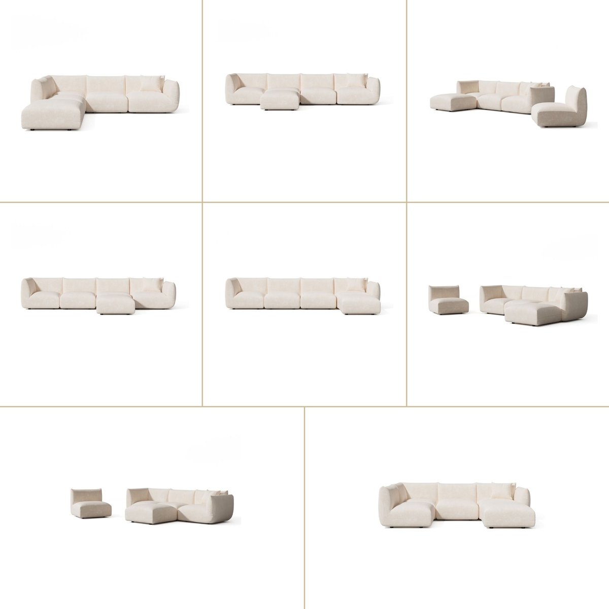 Canapé grand angle gauche modulable 7 places en velours chenillé NOOMA crème, SIA HOME