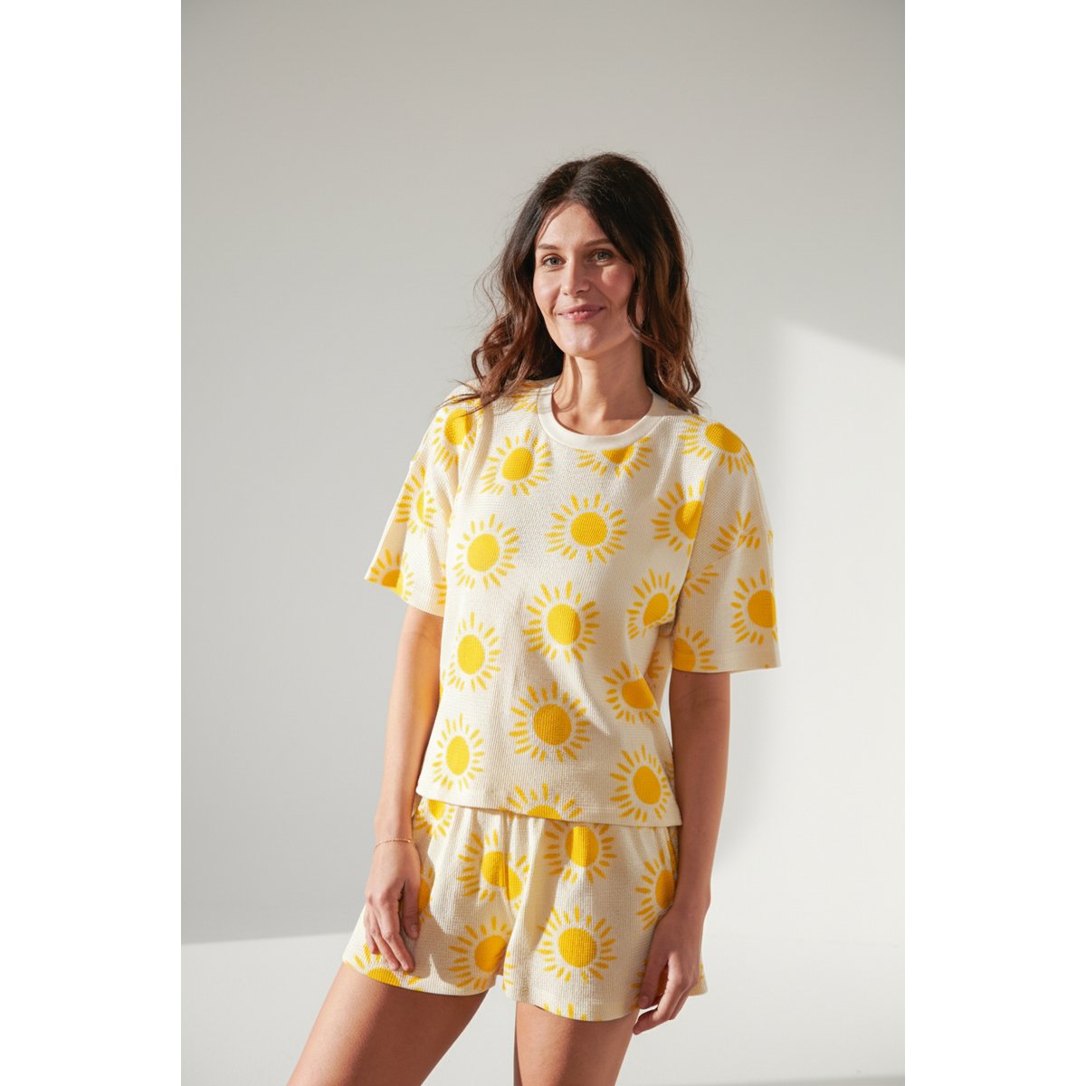 Pyjama coton gaufré imprimé soleil blanc motifs soleil, WE ARE JOLIES