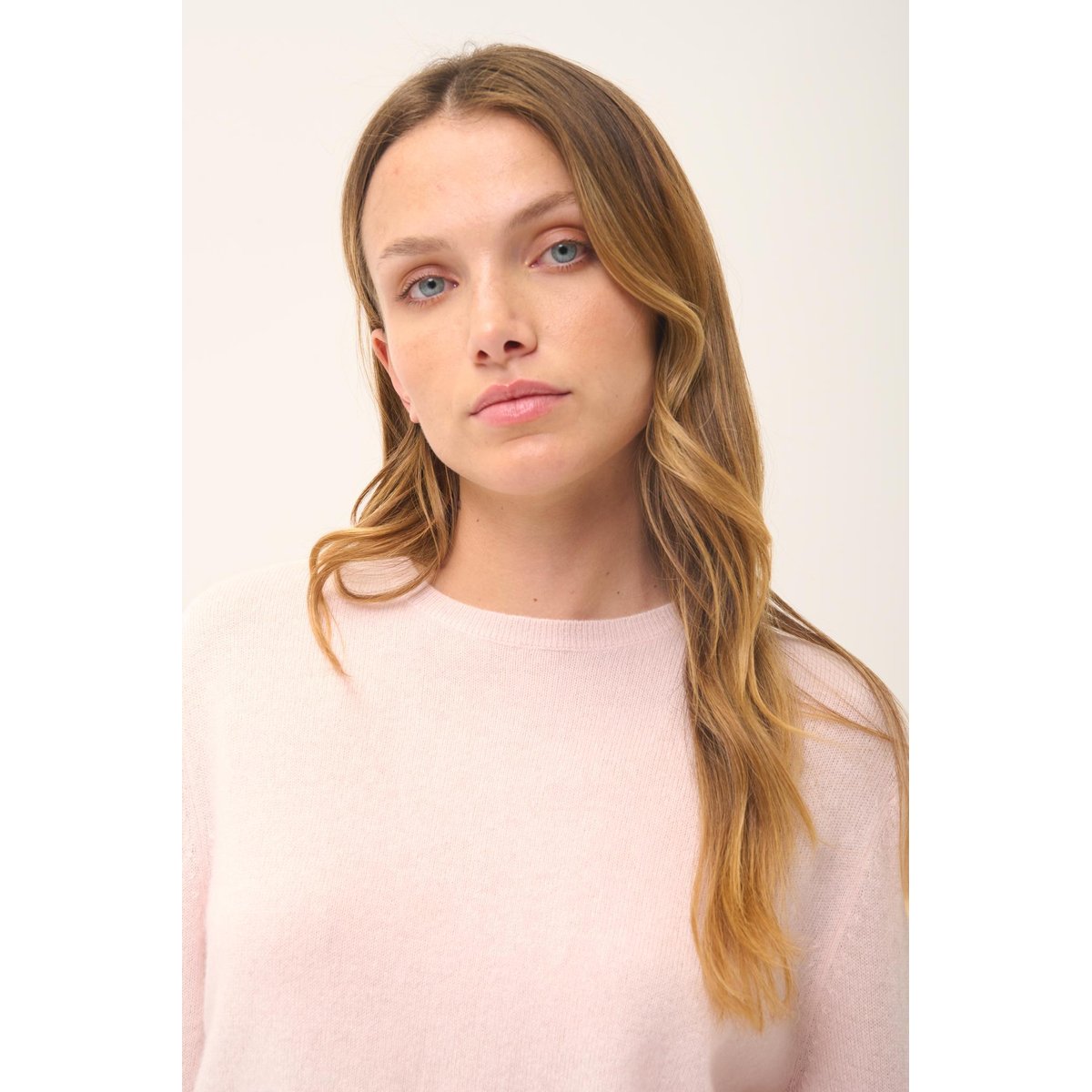 Pull Col Rond Boutonné Dos Poudre Janice rose clair, JUST CASHMERE