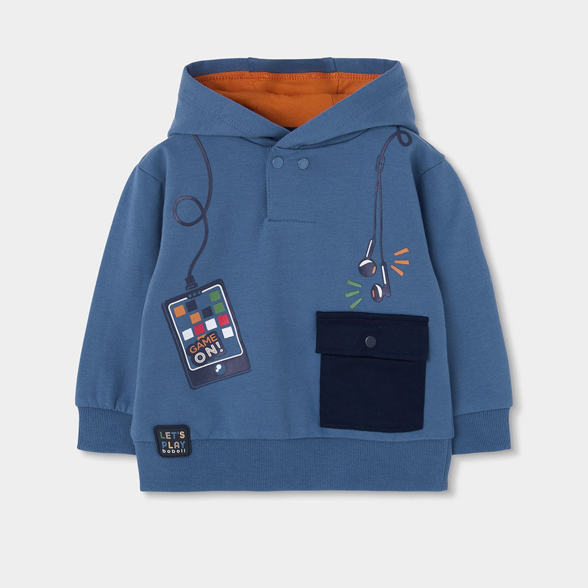 Sweat-shirt molleton garçon à capuche imprimé gaming bleu, BOBOLI