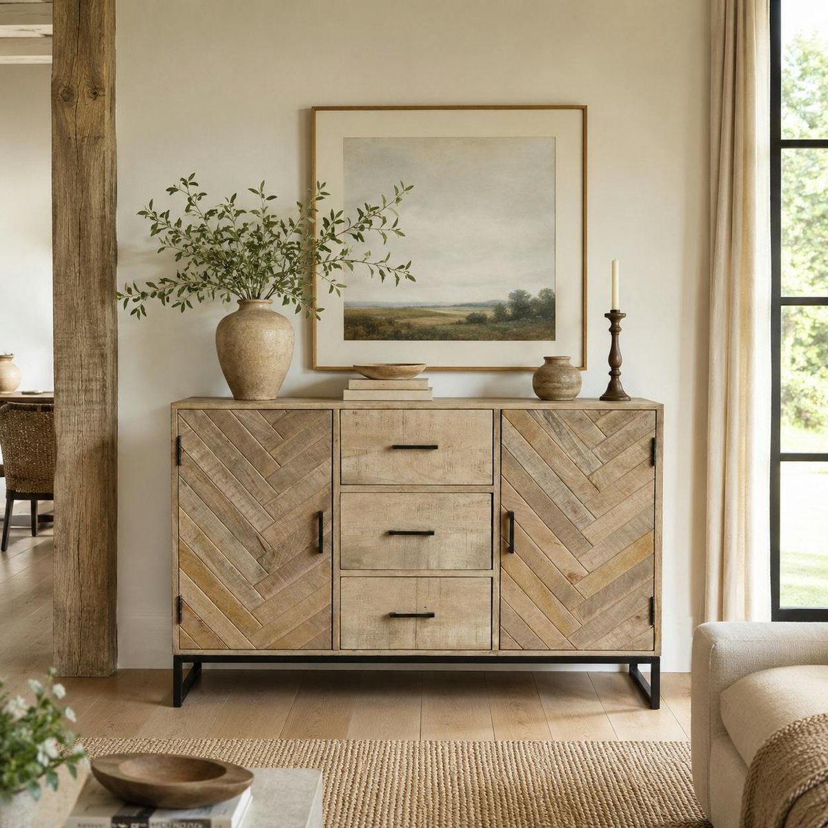 Buffet en bois massif 2 portes 3 tiroirs BRIX bois naturel, PIER IMPORT