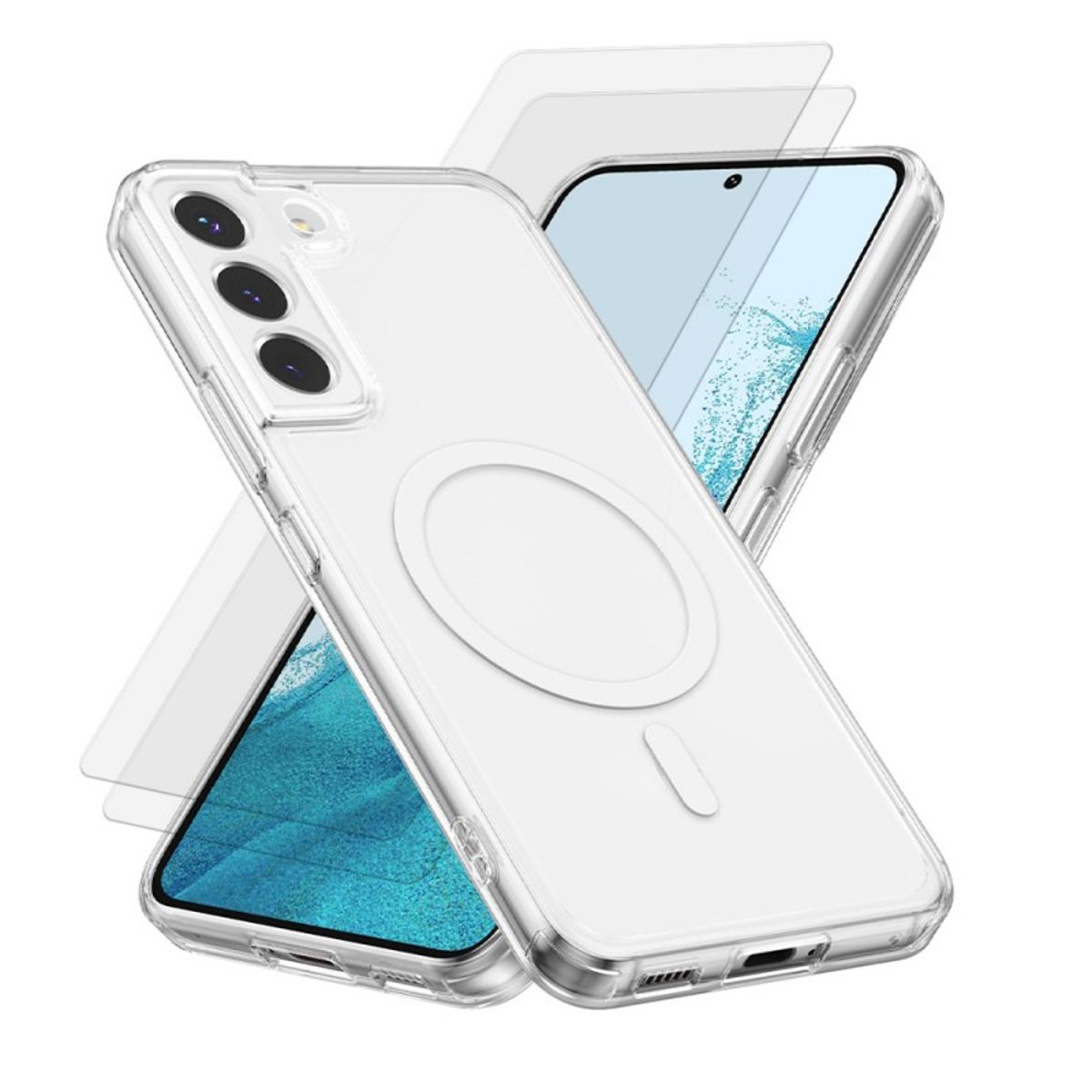 Coque Anti-choc Magnétique compatible Magsafe pour Galaxy S22 Plus 5g Transparente + 2 vitres transparent, EVETANE