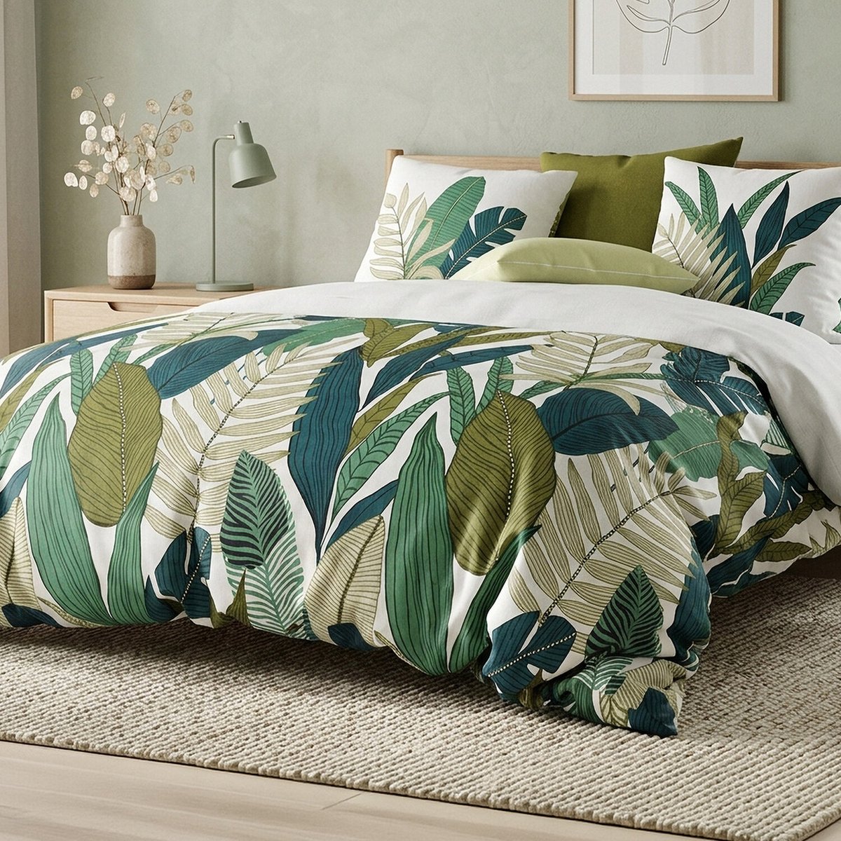 Parure housse de couette imprimée avec taie(s) coton, BELEME vert, ATELIER DU COTON