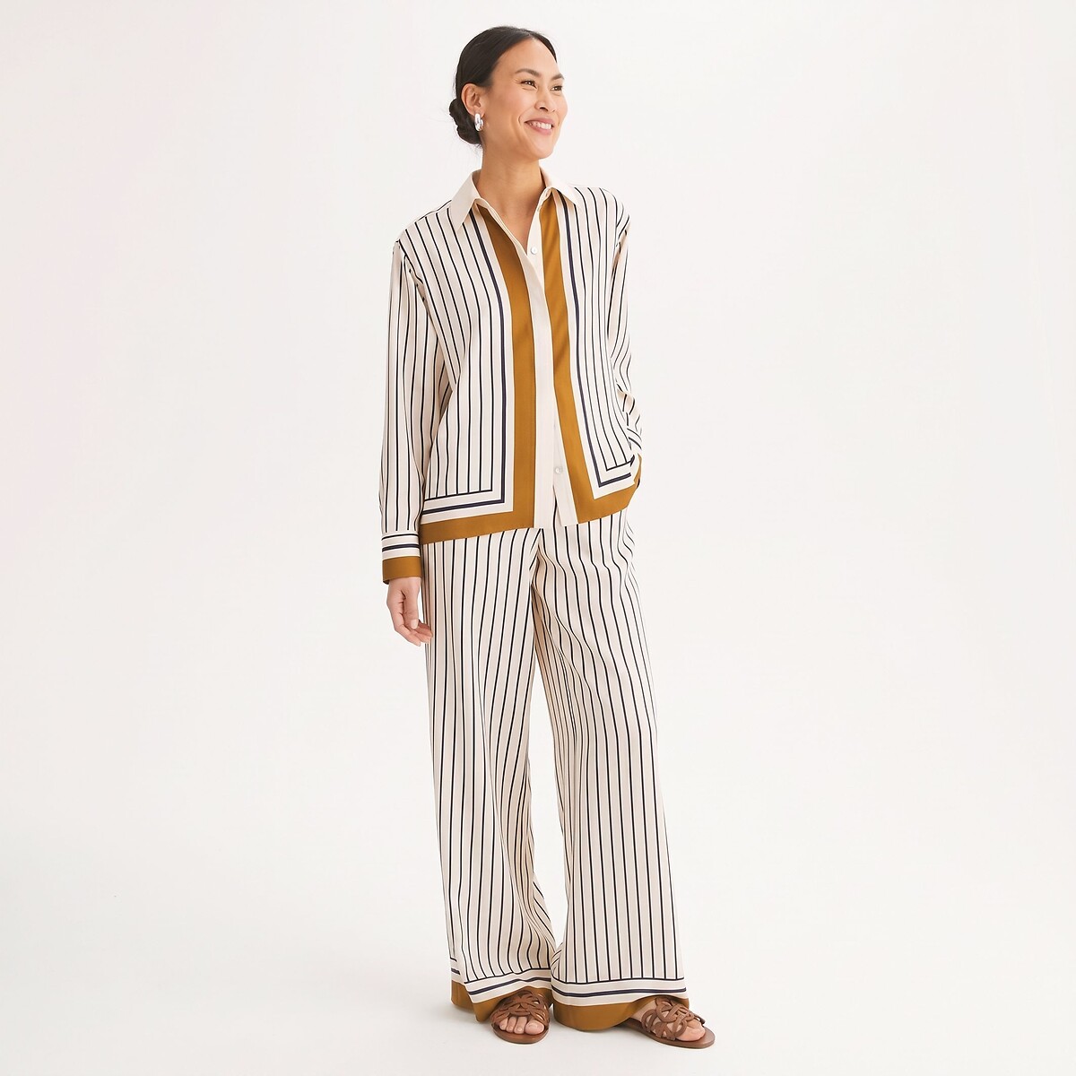 Pantalon satiné, rayé, large et fluide rayé marine, ANNE WEYBURN