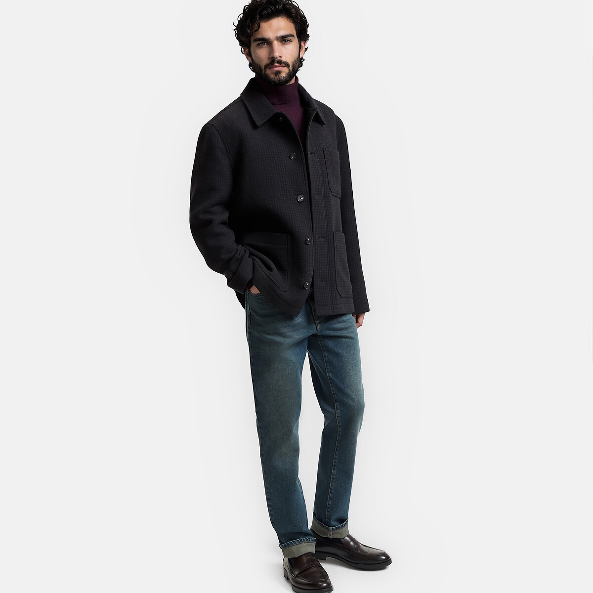 Checked Straight Fit Long Jacket brown + navy, LA REDOUTE COLLECTIONS
