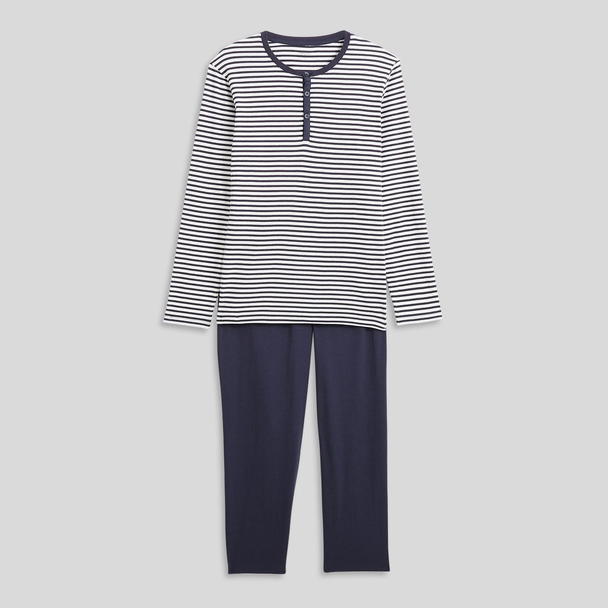 Pyjama T-shirt manches longues rayé et pantalon en jersey de coton BIO GOTS bleu marine, MONOPRIX