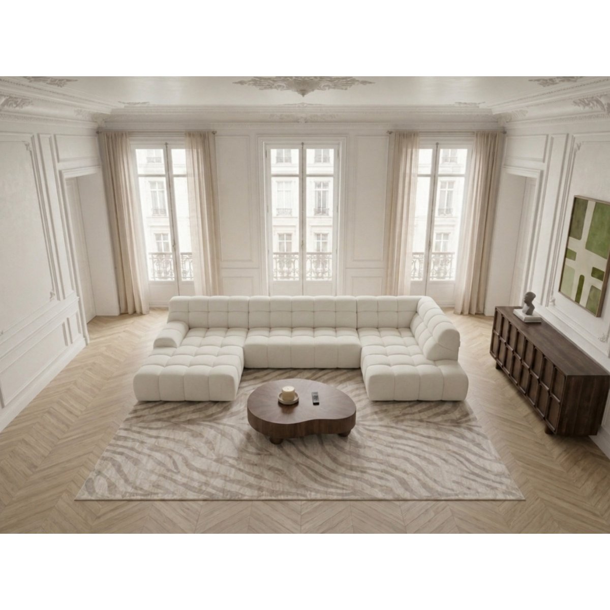 Canapé d'angle convertible 4 places en tissu texturé, ANDRE blanc, BOBOCHIC