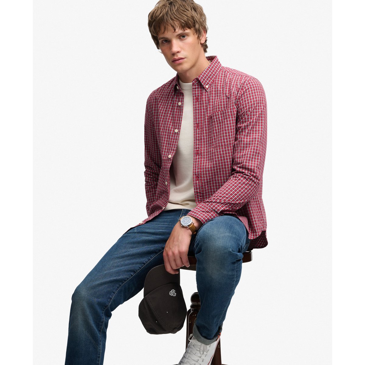 Chemise Preppy Poplin à Manches Longues carreaux rouges glen, SUPERDRY