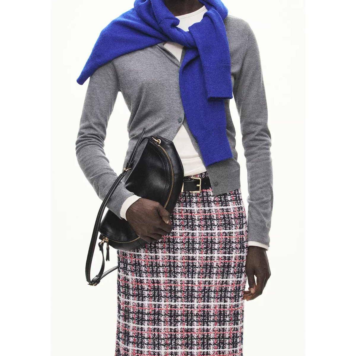Jupe midi en tweed à carreaux avec détail de franges bleu marine, MANGO