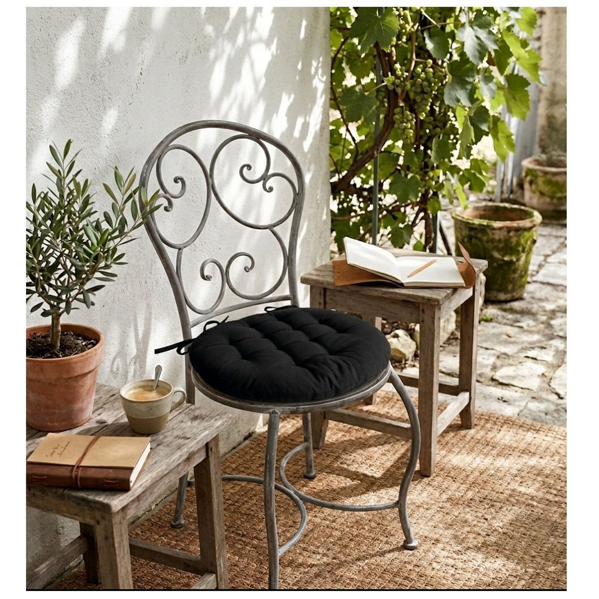 Galette de chaise ronde Panama noir, EDEN