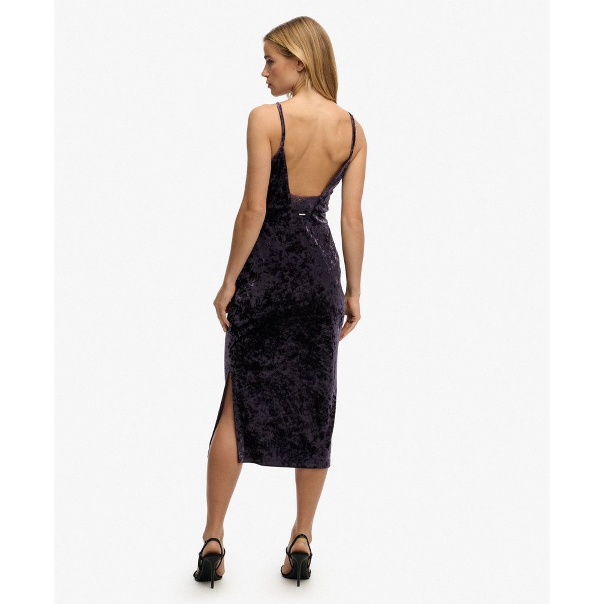 Robe mi-longue en velours avec dos en dentelle raisin mulled, SUPERDRY